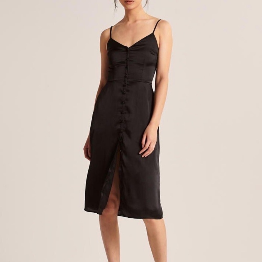 A&F black satin midi dress with buttons